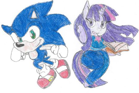 Size: 449x301 | Tagged: anthro, artist:megamix813, chibi, crossover, derpibooru import, safe, sonic the hedgehog, sonic the hedgehog (series), traditional art, twilight sparkle