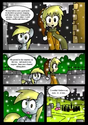 Size: 561x791 | Tagged: safe, artist:neoncabaret, derpibooru import, derpy hooves, oc, oc:mel, human, pegasus, pony, comic:derpy's wish, comic, female, graveyard, mare, snow