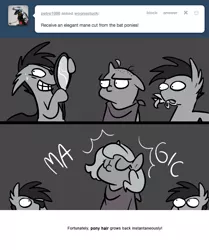 Size: 666x795 | Tagged: safe, artist:egophiliac, derpibooru import, princess luna, oc, oc:frolicsome meadowlark, oc:sunshine smiles (egophiliac), bat pony, pony, moonstuck, bald, eyepatch, female, filly, grayscale, magic, mirror, monochrome, mouth hold, scissors, sweat, woona, woonoggles, younger