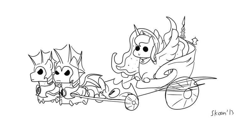 Size: 1280x683 | Tagged: safe, artist:skoon, derpibooru import, princess luna, bat pony, pony, black and white, chariot, grayscale, luna's chariot, monochrome, night guard, royal guard, simple background, smiling, spread wings, white background, wings