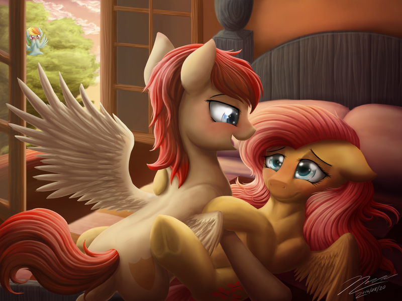Size: 1024x768 | Tagged: questionable, artist:novaintellus, derpibooru import, fluttershy, rainbow dash, oc, pegasus, pony, bed, bedroom eyes, blushing, canon x oc, female, fluttershy's cottage, imminent sex, male, shipping, spying, straight, tree, voyeurism, window