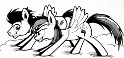 Size: 3005x1405 | Tagged: safe, artist:mrpenceaul, derpibooru import, rainbow dash, soarin', pony, backwards cutie mark, black and white, duo, grayscale, gritted teeth, monochrome, old cutie mark, race