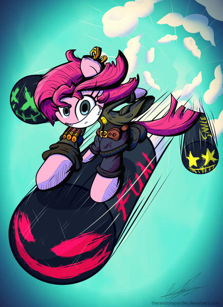 Size: 1600x2200 | Tagged: artist:therandomjoyrider, bomb, clothes, derpibooru import, jinx (league of legends), league of legends, pants, pinkamena diane pie, pinkie pie, riding, safe, solo, weapon