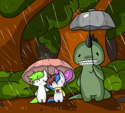 Size: 1024x931 | Tagged: artist:myumimon, bingzy, cute, derpibooru import, my neighbor totoro, oc, oc:bing, oc:breezy, oc:jeef, pokéball, pokémon, rain, safe, umbrella, unofficial characters only