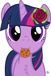 Size: 1900x2798 | Tagged: safe, artist:arifproject, derpibooru import, twilight sparkle, pony, :3, arif's scrunchy pone, chest fluff, cookie, cute, female, flower, flower in hair, food, looking at you, mare, nom, rose, simple background, solo, transparent background, twiabetes, vector