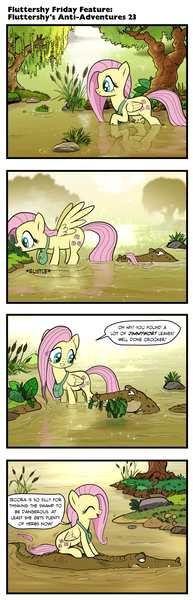 Size: 618x1920 | Tagged: safe, artist:pencils, derpibooru import, fluttershy, alligator, crocodile, pegasus, pony, comic:fluttershy's anti-adventures, bait and switch, comic, cute, dialogue, eyes closed, female, lidded eyes, looking at each other, mare, open mouth, ponies riding gators, riding, shyabetes, sitting, slice of life, smiling, sparkles, spread wings, swamp, water, wings
