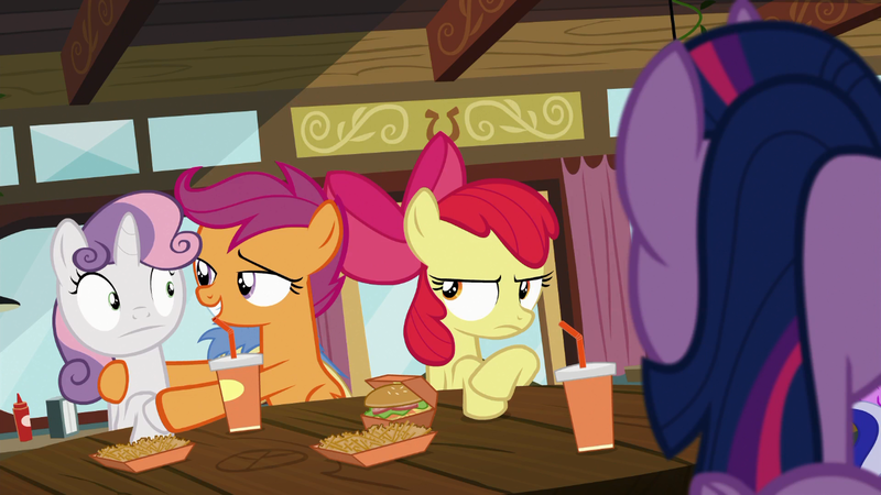 Size: 1366x768 | Tagged: safe, derpibooru import, screencap, apple bloom, scootaloo, sweetie belle, twilight sparkle, twilight sparkle (alicorn), alicorn, pony, twilight time, :|, annoyed, burger, cutie mark crusaders, drink, food, french fries, hay burger, hay fries, out of context, startled