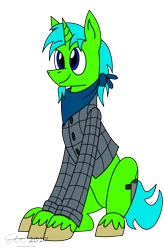 Size: 2000x3041 | Tagged: safe, artist:derpanater, derpibooru import, oc, oc:live "derp" bait, unofficial characters only, pony, unicorn, fallout equestria, clothes, facial hair, flannel, scarf, simple background, sitting, smiling, solo, transparent background