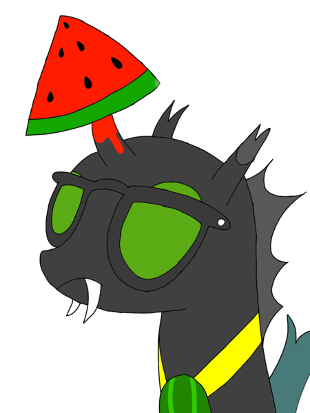 Size: 1200x1600 | Tagged: artist:toyminator900, changeling, changeling loves watermelon, changeling oc, derpibooru import, food, glasses, green changeling, medallion, oc, oc:éling chang, safe, simple background, solo, transparent background, unofficial characters only, watermelon