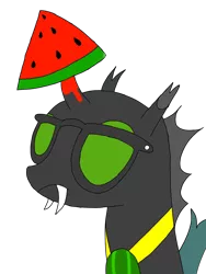 Size: 1200x1600 | Tagged: artist:toyminator900, changeling, changeling loves watermelon, changeling oc, derpibooru import, food, glasses, green changeling, medallion, oc, oc:éling chang, safe, simple background, solo, transparent background, unofficial characters only, watermelon