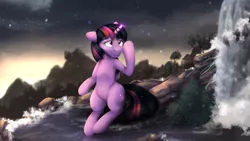 Size: 2000x1125 | Tagged: dead source, safe, artist:blackligerth, derpibooru import, twilight sparkle, twilight sparkle (alicorn), alicorn, firefly (insect), insect, pony, semi-anthro, mountain, river, sitting, solo, stars, stream, twilight (astronomy), water, waterfall