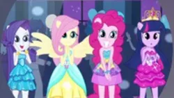 Size: 353x199 | Tagged: safe, derpibooru import, screencap, curly winds, fluttershy, pinkie pie, rarity, some blue guy, twilight sparkle, equestria girls, equestria girls (movie), big crown thingy, element of magic, fall formal, fall formal outfits, jewelry, needs more jpeg, ponied up, regalia, this is our big night, wings