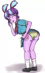 Size: 2125x3472 | Tagged: suggestive, artist:sumin6301, derpibooru import, snowfall frost, starlight glimmer, a hearth's warming tail, equestria girls, :p, ass, butt, clothes, equestria girls-ified, eyelid pull, female, kiss my ass, legs, mooning, panties, self spanking, shoes, silly, simple background, skirt, skirt lift, socks, solo, solo female, tongue out, underwear, upskirt, white background, yellow underwear