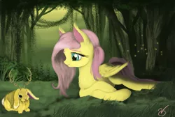 Size: 2383x1599 | Tagged: artist:vinicius040598, derpibooru import, firefly (insect), fluttershy, forest, insect, jackalope, prone, safe, solo