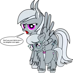 Size: 4544x4507 | Tagged: absurd resolution, artist:dinkyuniverse, chest fluff, crying, derpibooru import, dialogue, don't talk to me or my son ever again, ear fluff, female, mama silverspeed, meme, mother and child, mother and daughter, sad, safe, silverspeed, silver spoon, simple background, transparent background, unshorn fetlocks