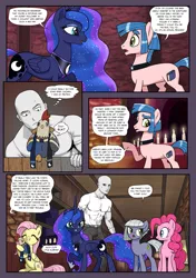 Size: 1355x1920 | Tagged: safe, artist:pencils, derpibooru import, fluttershy, limestone pie, pinkie pie, princess luna, oc, oc:anon, oc:scribe inksy, alicorn, bird, chicken, earth pony, human, pegasus, pony, comic:anon's pie adventure, bracer, candle, choker, clerical robes, clothes, comic, crown, cute, derp, eye contact, eyes closed, female, frown, grin, gritted teeth, horseshoes, hug, human male, jewelry, looking at each other, lunar disciples, male, mare, necklace, open mouth, pants, pinkie thighs, raised hoof, regalia, scarf, shirt, sitting, smiling, speech bubble, stallion, thought bubble, thunder thighs