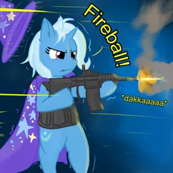 Size: 1772x1772 | Tagged: safe, artist:mr.candy_owo, derpibooru import, trixie, pony, bipedal, cape, clothes, dialogue, gun, hat, magic, ponies with guns, simple background, solo, trixie's cape, trixie's hat, weapon