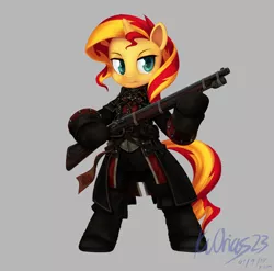 Size: 2550x2520 | Tagged: safe, artist:kvorias23, derpibooru import, sunset shimmer, pony, equestria girls, assassin's creed, assassin's creed rogue, bipedal, clothes, crossover, musket, parody, shay patrick cormac, signature, solo, weapon