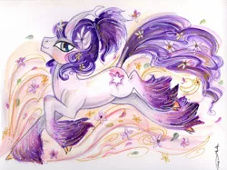 Size: 2048x1533 | Tagged: safe, artist:sararichard, derpibooru import, tree of harmony, oc, oc:harmony (heilos), ponified, unofficial characters only, classical unicorn, pony, unicorn, cloven hooves, curved horn, flower, flower in hair, fluffy, horn, leonine tail, lidded eyes, looking at you, raised hoof, running, smiling, solo, traditional art, unshorn fetlocks