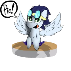 Size: 1024x1024 | Tagged: dead source, safe, artist:lyres-art, derpibooru import, soarin', pegasus, pony, bust, food, goggles, pie, simple background, smiling, solo, speech bubble, that pony sure does love pies, white background