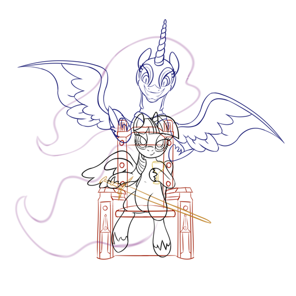 Size: 3500x3500 | Tagged: safe, artist:salemcat, derpibooru import, nightmare moon, twilight sparkle, twilight sparkle (alicorn), alicorn, pony, sword, the witcher, throne, weapon, wip