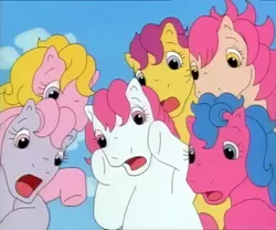 Size: 692x576 | Tagged: safe, derpibooru import, screencap, bon bon (g1), clover (g1), melody, patch (g1), starlight (g1), sweetheart, pony, my little pony tales, who's responsible, g1, open mouth