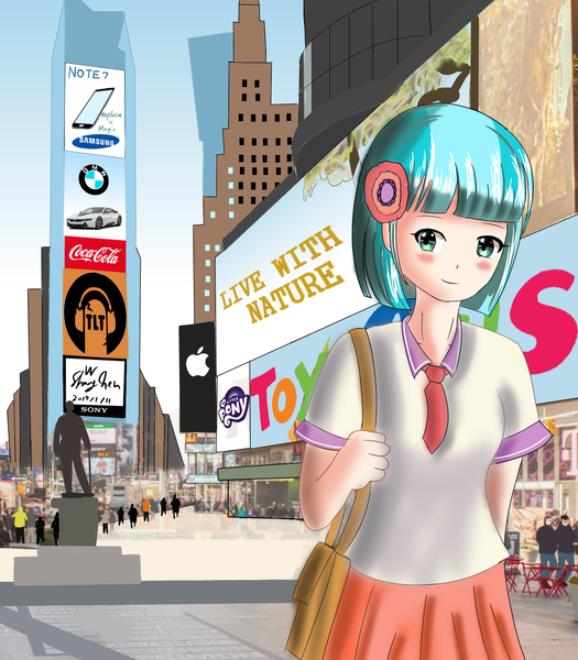 Size: 1400x1600 | Tagged: apple (company), artist:linlaifeng, billboard, bmw, bmw i8, car, city, clothes, coco pommel, derpibooru import, human, humanized, manehattan, my little pony logo, people, safe, samsung, skirt, solo, sony, times square, toys r us