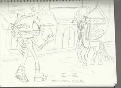 Size: 1024x744 | Tagged: artist:infinityr319, canterlot, crossover, derpibooru import, fight, pencil drawing, queen chrysalis, safe, shadow the hedgehog, sonic the hedgehog (series), traditional art