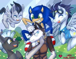 Size: 3850x2975 | Tagged: safe, artist:ladypixelheart, derpibooru import, rumble, soarin', thunderlane, oc, oc:foxtrot, anthro, pony, fanfic, anthro with ponies, crossover, fanfic art, furry, noogie, old art, sonic the hedgehog, sonic the hedgehog (series)