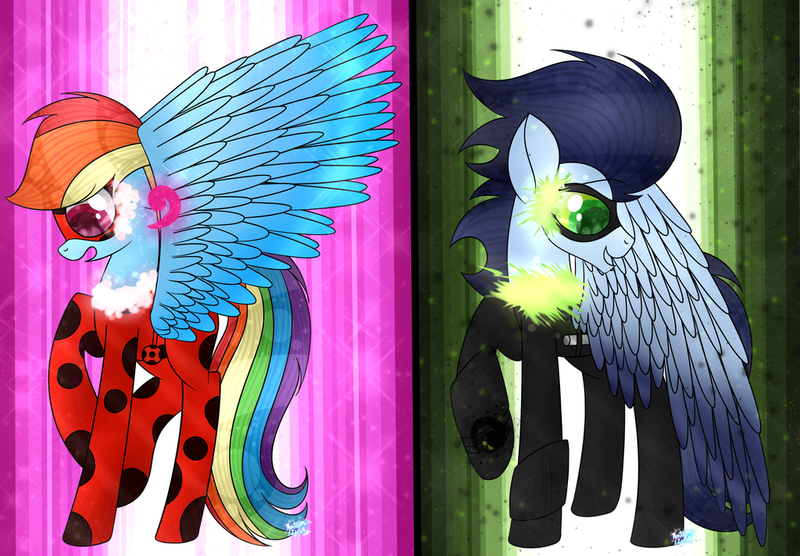 Size: 1024x712 | Tagged: dead source, safe, artist:northlights8, derpibooru import, rainbow dash, soarin', pony, chat noir, colored wings, colored wingtips, crossover, female, male, miraculous ladybug, shipping, soarindash, straight, wings