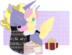 Size: 2353x1806 | Tagged: safe, artist:vindhov, derpibooru import, part of a set, fluttershy, ponet, alternate hairstyle, christmas sweater, clothes, colored pupils, eyes closed, female, hair bun, hearth's warming, hug, hug from behind, lineless, male, one eye closed, ponetshy, present, shipping, simple background, spectacles, spread wings, straight, sweater, transparent background, wings