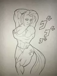 Size: 3024x4032 | Tagged: abs, absurd resolution, anthro, armpits, artist:zacharyisaacs, derpibooru import, female, fluttershy, jojo's bizarre adventure, menacing, /mlp/, monochrome, muscles, muscleshy, pillar men, solo, solo female, suggestive, traditional art, ゴ ゴ ゴ