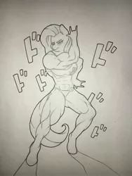 Size: 3024x4032 | Tagged: abs, absurd resolution, anthro, artist:zacharyisaacs, derpibooru import, female, fluttershy, jojo's bizarre adventure, killer queen, /mlp/, monochrome, muscles, muscleshy, solo, solo female, suggestive, traditional art, unguligrade anthro