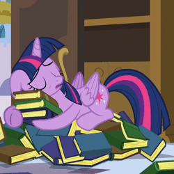 Size: 510x511 | Tagged: safe, derpibooru import, screencap, twilight sparkle, twilight sparkle (alicorn), alicorn, pony, princess spike (episode), animated, book, book nest, bookhorse, cute, eyes closed, folded wings, gif, hug, princess sleeping on books, sleeping, snoring, solo, that pony sure does love books, wings