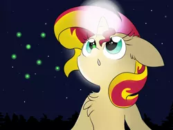 Size: 1600x1200 | Tagged: safe, artist:meowmavi, derpibooru import, sunset shimmer, firefly (insect), insect, pony, :o, chest fluff, floppy ears, glowing horn, horn, looking up, night, open mouth, solo, stars