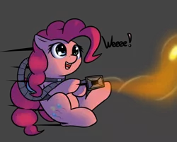 Size: 1280x1031 | Tagged: safe, artist:neuro, derpibooru import, pinkie pie, earth pony, pony, cute, diapinkes, flying, gray background, luigi's mansion, open mouth, poltergust 5000, silly, simple background, solo, vacuum cleaner, wheeeee