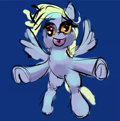 Size: 646x650 | Tagged: safe, anonymous artist, derpibooru import, derpy hooves, pegasus, pony, blue background, creepy, female, frog (hoof), incoming hug, looking at you, mare, open mouth, simple background, smiling, solo, spread wings, underhoof, wings