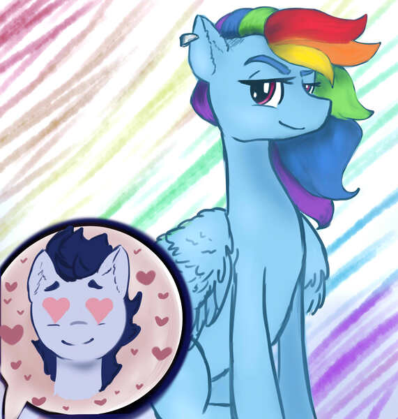 Size: 2000x2100 | Tagged: safe, artist:slytherinakatsuki, derpibooru import, rainbow dash, soarin', pony, alternate hairstyle, ear piercing, earring, female, heart, heart eyes, jewelry, male, piercing, shipping, soarindash, straight, wingding eyes