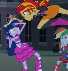 Size: 731x768 | Tagged: safe, derpibooru import, screencap, rainbow dash, sunset shimmer, twilight sparkle, equestria girls, equestria girls (movie), angry, big crown thingy, boots, clothes, cropped, crown, element of magic, fall formal outfits, high heel boots, jacket, jewelry, regalia, shoes, sleeveless, strapless, twilight ball dress