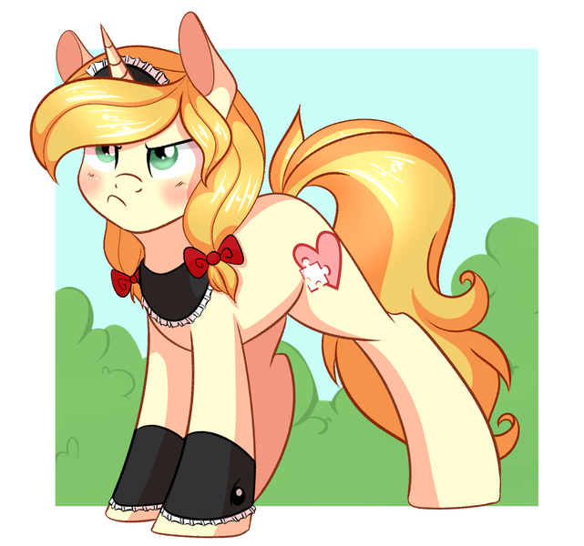 Size: 1024x958 | Tagged: safe, artist:daydreamsyndrom, derpibooru import, oc, oc:vive, unofficial characters only, pony, unicorn, angry, bow, cuffs (clothes), cute, female, hair bow, madorable, mare, pouting, solo