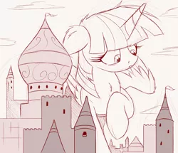 Size: 2500x2146 | Tagged: safe, artist:ncmares, derpibooru import, twilight sparkle, twilight sparkle (alicorn), alicorn, pony, big-pon, castle, giant pony, macro, monochrome, raised hoof, solo