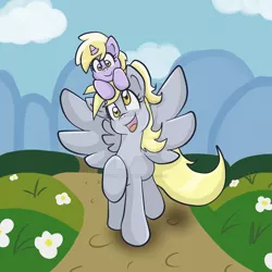 Size: 1024x1024 | Tagged: safe, artist:yoshimarsart, derpibooru import, derpy hooves, dinky hooves, pegasus, pony, unicorn, equestria's best daughter, equestria's best mother, female, filly, mare, mother and child, mother and daughter, ponies riding ponies, pony hat, riding, walking, watermark