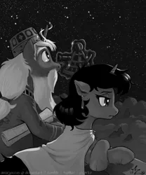 Size: 2500x3000 | Tagged: artist:amarynceus, derpibooru import, grayscale, hat, monochrome, oc, oc:eris (amarynceus), oc:polypheides, safe, sextant, stargazing, stars, unofficial characters only