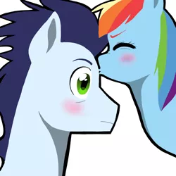 Size: 1000x1000 | Tagged: safe, artist:drawonly, derpibooru import, rainbow dash, soarin', pony, blushing, female, forehead kiss, kissing, male, shipping, soarindash, straight