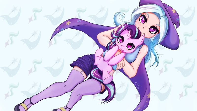 Size: 3840x2160 | Tagged: safe, artist:the-park, derpibooru import, starlight glimmer, trixie, human, pony, cape, clothes, cute, duo, glimmerbetes, hat, hnnng, holding a pony, hug, humanized, it's dangerous to go alone, looking at you, open mouth, smiling, tongue out, trixie's cape, trixie's hat