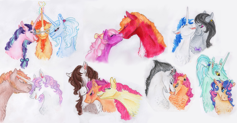 Size: 8173x4246 | Tagged: safe, artist:dawn22eagle, derpibooru import, apple bloom, big macintosh, bon bon, button mash, cheerilee, lyra heartstrings, octavia melody, pipsqueak, rumble, scootaloo, starlight glimmer, sunburst, sweetie belle, sweetie drops, tender taps, trixie, vinyl scratch, earth pony, pegasus, pony, unicorn, absurd resolution, bisexual, cheerimac, chest fluff, ear piercing, earring, female, forehead kiss, horn, horns are touching, jewelry, kiss on the cheek, kissing, lesbian, lyrabon, magic, male, mare, piercing, pipbloom, polyamory, polygamy, rumbloo, scratchtavia, shipping, smiling, stallion, starburst, startrixburst, straight, sweetiemash, tenderbloom, tenderbloomsqueak, tendersqueak, traditional art, unshorn fetlocks