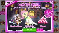 Size: 1334x750 | Tagged: safe, derpibooru import, official, screencap, apple bloom, flutterholly, fluttershy, pony, a hearth's warming tail, advertisement, clothes, costs real money, crack is cheaper, dress, gameloft, gameloft is trying to murder us, gingerbread house, iphone