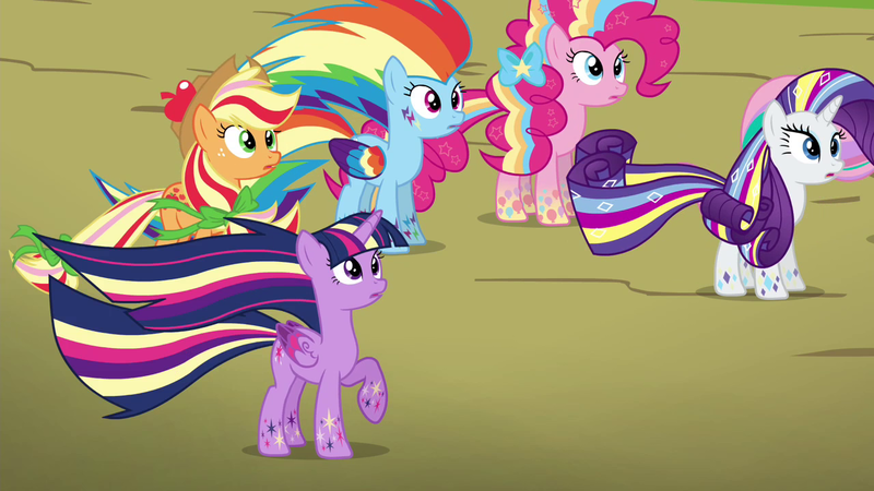 Size: 1280x720 | Tagged: safe, derpibooru import, screencap, applejack, pinkie pie, rainbow dash, rarity, twilight sparkle, twilight sparkle (alicorn), alicorn, pony, twilight's kingdom, rainbow power, rainbow power-ified