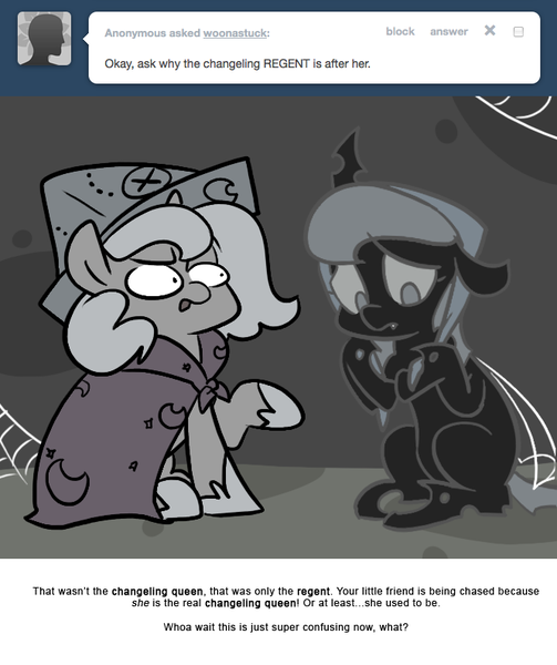 Size: 666x795 | Tagged: artist:egophiliac, cartographer's cap, changeling, changeling oc, changeling queen, changeling queen oc, derpibooru import, dungeon, female, filly, grayscale, hat, marauder's mantle, monochrome, moonstuck, oc, oc:imogen, princess luna, safe, spider web, woona, woonoggles, younger