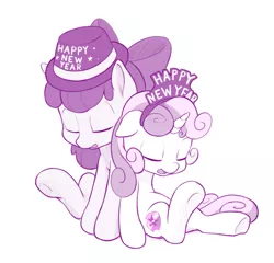 Size: 1041x1000 | Tagged: apple bloom, apple bloom's bow, artist:dstears, bow, cute, cutie mark, derpibooru import, duo, hair bow, happy new year, happy new year 2017, hat, holiday, monochrome, safe, simple background, sleeping, sweetie belle, the cmc's cutie marks, tired, trilby, underhoof